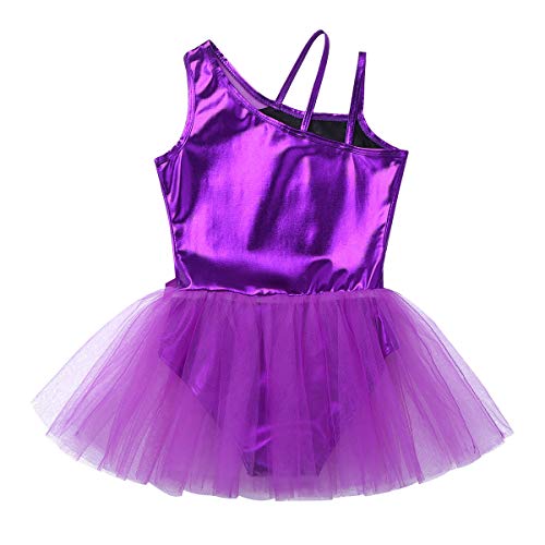 inhzoy Maillot de Ballet Charol para Niña Vestido Tutú de Danza Clásica Un Hombro Brillante Leotardo Body de Gimnasia Rítmica Patinaje Disfraz de Bailarina Morado 4 Años