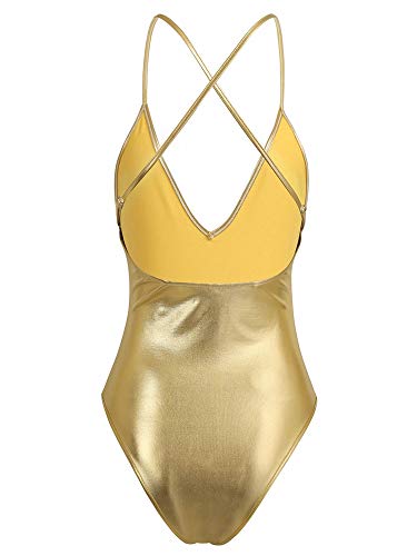 inhzoy Maillot de Danza Ballet Cuero para Mujer Brillante Body Correas Cruzadas Elástico Leotardo de Gimnasia Rítmica Disfraz de Bailarina Actuación Dorado XL