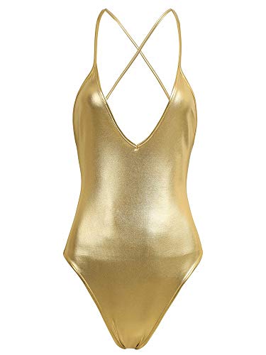 inhzoy Maillot de Danza Ballet Cuero para Mujer Brillante Body Correas Cruzadas Elástico Leotardo de Gimnasia Rítmica Disfraz de Bailarina Actuación Dorado XL