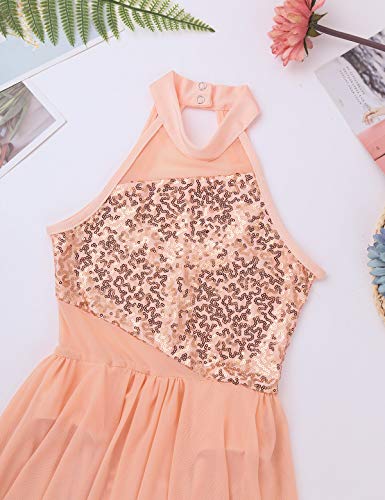 inhzoy Maillot de Danza Ballet Lentejuelas para Niña Asimétrico Vestido de Patinaje Artístico Leotardo Body de Gimnasia Rítmica Disfraz Bailarina Fiesta Naranja 14 Años