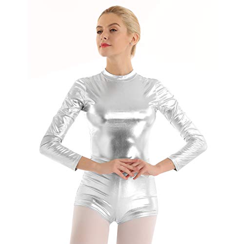 inhzoy Maillot de Gimnasia Rítmica para Mujer Manga Larga Leotardo de Ballet Patinaje Artístico Charol Brillante Mono de Danza Yoga Fitness Ropa Deporte Plateado Large