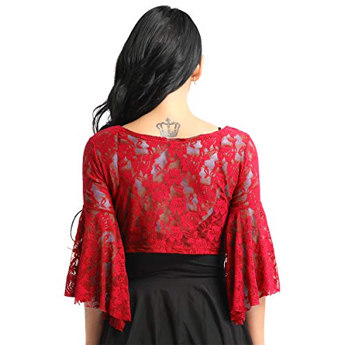 inhzoy Top Danza del Vientre para Mujer Vintage Cardigan de Encaje Maillot de Ballet Bolero Capa de Vestido Fiesta Abrigo de Playa Verano Rojo One Size