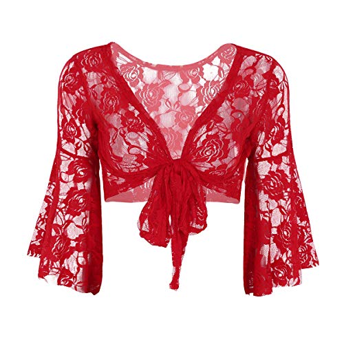 inhzoy Top Danza del Vientre para Mujer Vintage Cardigan de Encaje Maillot de Ballet Bolero Capa de Vestido Fiesta Abrigo de Playa Verano Rojo One Size