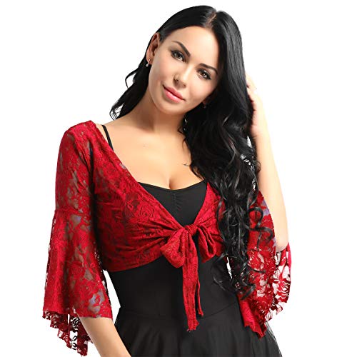 inhzoy Top Danza del Vientre para Mujer Vintage Cardigan de Encaje Maillot de Ballet Bolero Capa de Vestido Fiesta Abrigo de Playa Verano Rojo One Size