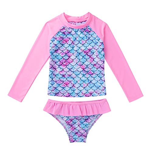 inhzoy Traje de Baño Sirena para Niña Manga Larga Disfraz de Sirena Set Bañador Protección Solar Playa Piscina Ropa de Baño Anti UV Swimsuit Rosa 6 Años