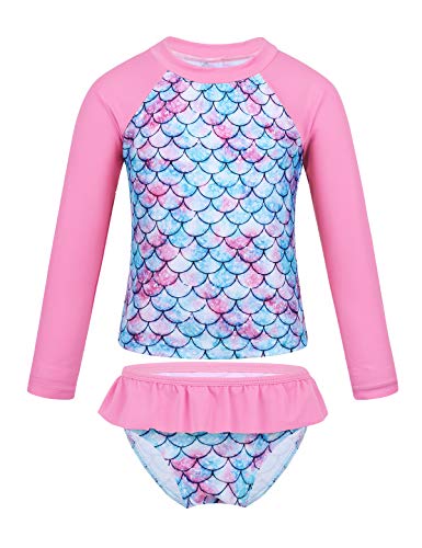 inhzoy Traje de Baño Sirena para Niña Manga Larga Disfraz de Sirena Set Bañador Protección Solar Playa Piscina Ropa de Baño Anti UV Swimsuit Rosa 6 Años