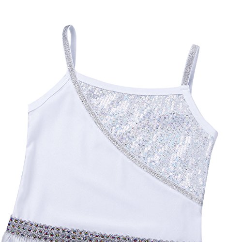 inhzoy Vestido de Baile Latino Flecos para Niña Maillot Tirantes de Ballet Clásico Lentejuelas Vestido de Danza Tango Samba Rumba Disfraz Bailarina Blanco 10 Años