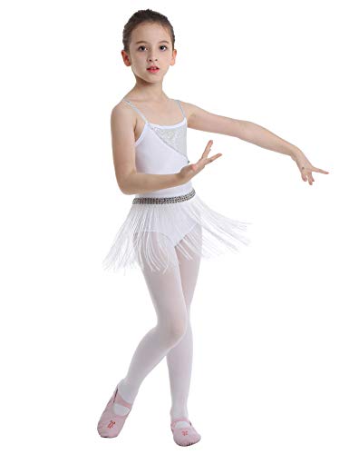 inhzoy Vestido de Baile Latino Flecos para Niña Maillot Tirantes de Ballet Clásico Lentejuelas Vestido de Danza Tango Samba Rumba Disfraz Bailarina Blanco 10 Años