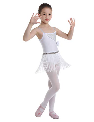 inhzoy Vestido de Baile Latino Flecos para Niña Maillot Tirantes de Ballet Clásico Lentejuelas Vestido de Danza Tango Samba Rumba Disfraz Bailarina Blanco 10 Años