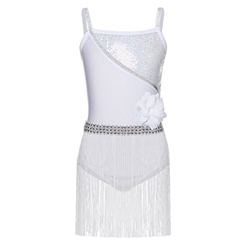 inhzoy Vestido de Baile Latino Flecos para Niña Maillot Tirantes de Ballet Clásico Lentejuelas Vestido de Danza Tango Samba Rumba Disfraz Bailarina Blanco 8 Años