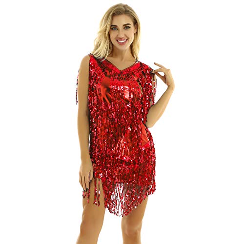 inhzoy Vestido de Baile Latino Lentejuelas para Mujer Vestido de Rumba Tango Salsa Samba Flecos Traje de Baile de Salón Disfraz de Fiesta Dancewear Rojo Medium