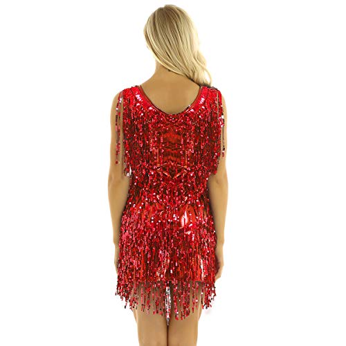 inhzoy Vestido de Baile Latino Lentejuelas para Mujer Vestido de Rumba Tango Salsa Samba Flecos Traje de Baile de Salón Disfraz de Fiesta Dancewear Rojo Medium