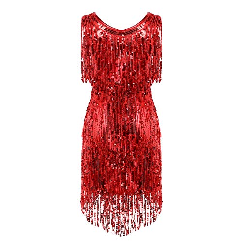 inhzoy Vestido de Baile Latino Lentejuelas para Mujer Vestido de Rumba Tango Salsa Samba Flecos Traje de Baile de Salón Disfraz de Fiesta Dancewear Rojo Medium