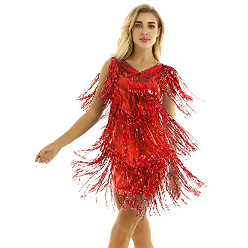 inhzoy Vestido de Baile Latino Lentejuelas para Mujer Vestido de Rumba Tango Salsa Samba Flecos Traje de Baile de Salón Disfraz de Fiesta Dancewear Rojo Medium