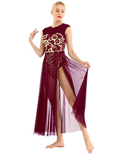 inhzoy Vestido de Danza Ballet Lentejuelas para Mujer Maillot Tutú Leotardo de Gimnasia Patinaje Vestido de Danza Lírica Contemporánea Traje Bailarina Fiesta Vino Rojo Small