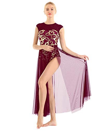 inhzoy Vestido de Danza Ballet Lentejuelas para Mujer Maillot Tutú Leotardo de Gimnasia Patinaje Vestido de Danza Lírica Contemporánea Traje Bailarina Fiesta Vino Rojo Small