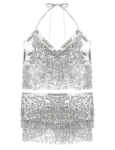 inhzoy Vestido de Danza del Vientre Flecos para Mujer Top Cuello Halter con Falda Danza del Oriental Lentejuelas Traje de Danza Latino Dancewear Plateado One Size inhzoy Vestido de Danza del Vientre Flecos para Mujer Top Cuello Halter con Falda Danza del Oriental Lentejuelas Traje de Danza Latino Dancewear Plateado One Size
