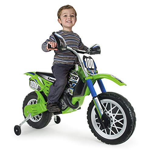 INJUSA - Moto Cross Kawasaki a Batería 6V Licenciada con Acelerador en Puño y Bandas de Goma en Las Ruedas Recomendada a Niños +3 Años