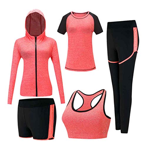 Inlefen Conjuntos de chándal de Mujer Conjunto de Traje de Deporte Conjunto de Ropa Deportiva Deportiva de Secado rápido Jogging Suave para Mujer Ropa de Yoga Conjunto de 5 Piezas Naranja XL