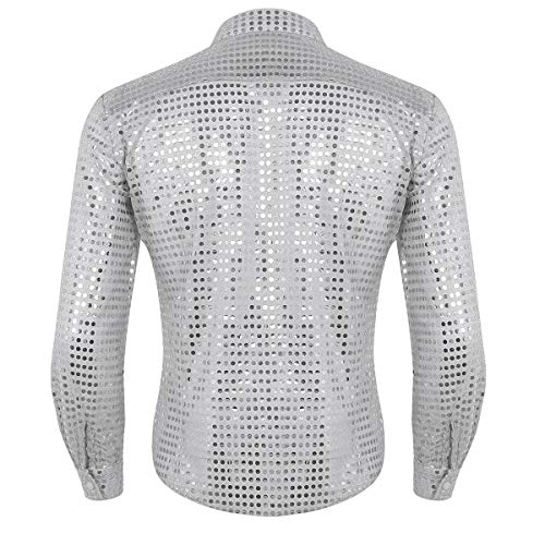 inlzdz Camisa Brillante de Baile Latín para Hombres Blusa Casual de Malla Tranparente Traje de los Años 70 Top Camisa Slim Fit Atractivo Ropa Retro de Disco Actuación Clubwear Plateado Large inlzdz Camisa Brillante de Baile Latín para Hombres Blusa Casual de Malla Tranparente Traje de los Años 70 Top Camisa Slim Fit Atractivo Ropa Retro de Disco Actuación Clubwear Plateado Large