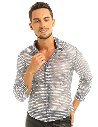 inlzdz Camisa Brillante de Baile Latín para Hombres Blusa Casual de Malla Tranparente Traje de los Años 70 Top Camisa Slim Fit Atractivo Ropa Retro de Disco Actuación Clubwear Plateado Large