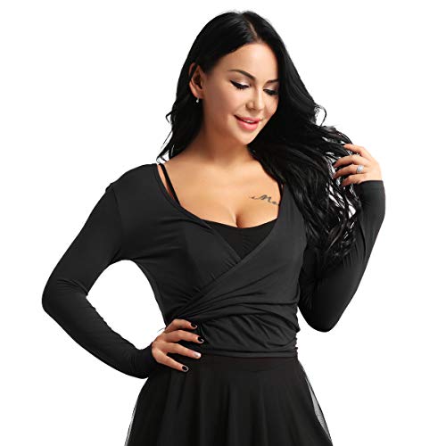 inlzdz Cardigan Cruzado Chaqueta Corta de Danza Ballet Baile Latín Mujer Top Manga Larga Wrap Cardigan para Vestido Top Blusa Slim Fit Bolero para Primavera Verano Negro Medium