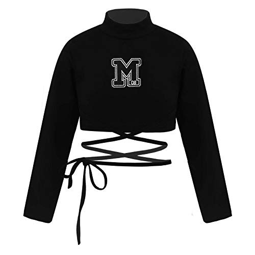 inlzdz Crop Top Manga Larga para Danza Jazz Baile Moderno Niña Camiseta Corta Cuello Alto Tops Deportivo Gym Yoga Entrenamiento Chica Negro 9-10 años