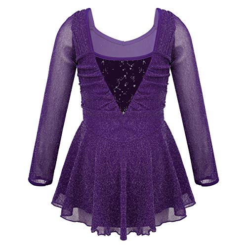 inlzdz Maillot de Patinaje Artística sobre Hielo para Niña Brillantes Vestido de Danza Ballet Manga Larga Gimnasia Disfraz de Actuación Escénica Púpura 7-8 Años