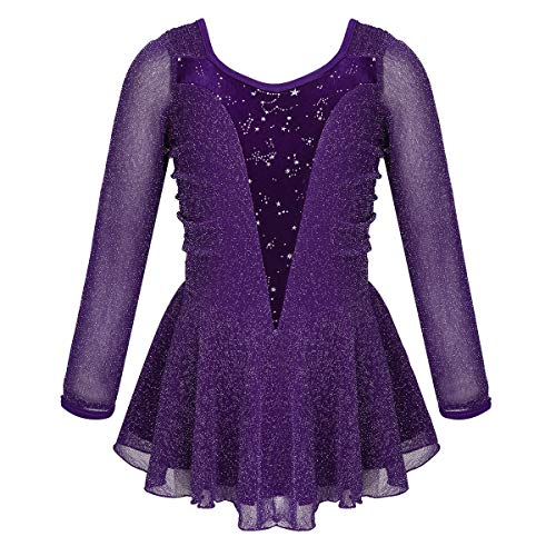 inlzdz Maillot de Patinaje Artística sobre Hielo para Niña Brillantes Vestido de Danza Ballet Manga Larga Gimnasia Disfraz de Actuación Escénica Púpura 7-8 Años