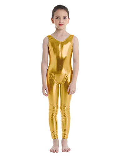 inlzdz Mailot de Ballet para Niñas 3-14 Años Mono de Gimnasia Brillante Pantalones Largos Leotardo Elástico Jumpsuit Ropa de Actuación Traje de Bailarina Dorado 5-6 Años