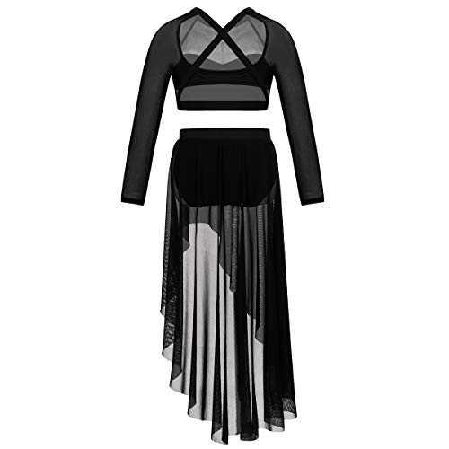 inlzdz Niñas 2PCs Conjunto de Baile Crop Top Manga Larga Correas Espalda Cruzada Falda Asimetrica Mailot de Danza Latina Vestido de Baile lírico Contemporaneo Traje de Rendimiento Negro 7-8 Años