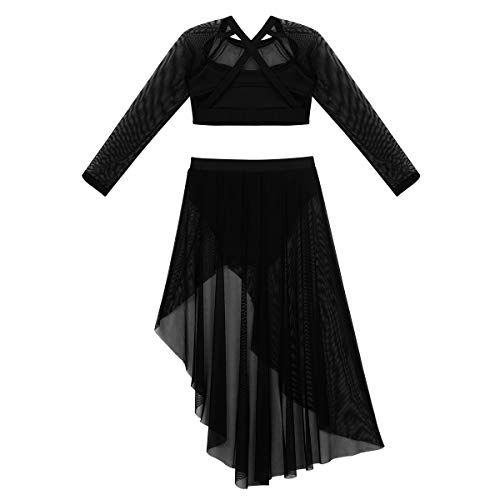 inlzdz Niñas 2PCs Conjunto de Baile Crop Top Manga Larga Correas Espalda Cruzada Falda Asimetrica Mailot de Danza Latina Vestido de Baile lírico Contemporaneo Traje de Rendimiento Negro 7-8 Años