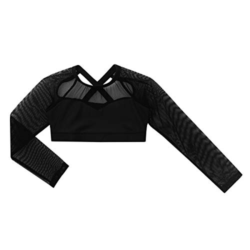 inlzdz Niñas 2PCs Conjunto de Baile Crop Top Manga Larga Correas Espalda Cruzada Falda Asimetrica Mailot de Danza Latina Vestido de Baile lírico Contemporaneo Traje de Rendimiento Negro 7-8 Años