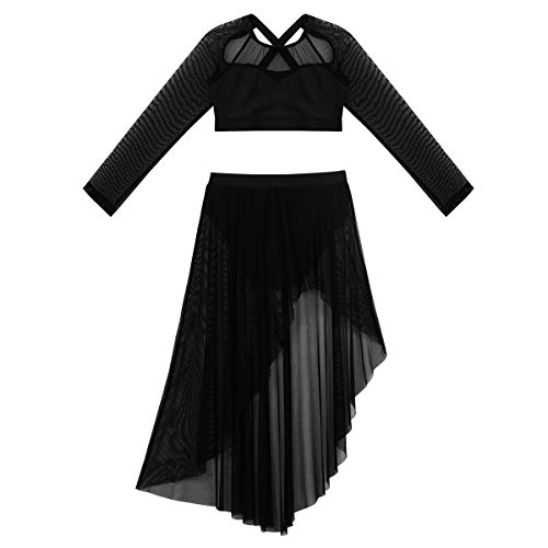 inlzdz Niñas 2PCs Conjunto de Baile Crop Top Manga Larga Correas Espalda Cruzada Falda Asimetrica Mailot de Danza Latina Vestido de Baile lírico Contemporaneo Traje de Rendimiento Negro 7-8 Años