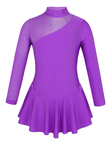 inlzdz Vestido de Patinaje Artistico Niñas Manga Larga Mailot de Ballet Leotardo de Gimnasia Ritmica de Gasa Body de Danza con Falda de Bailarina Dancewear Morado 8 Años