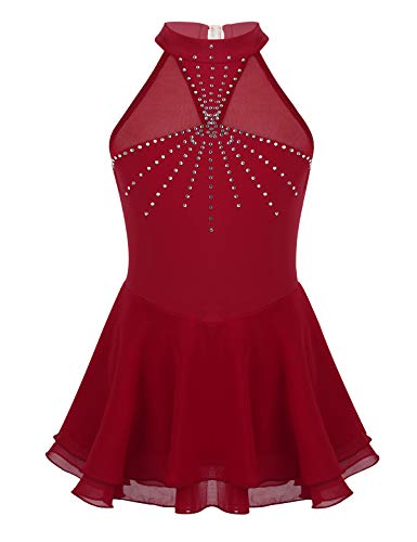 inlzdz Vestido Patinaje Artistico Maillot para Niña Traje Deportiva Elástica de Patinaje Maillots de Danza Ballet con Falda Irregular 6-14 Años Burdeos 14 años