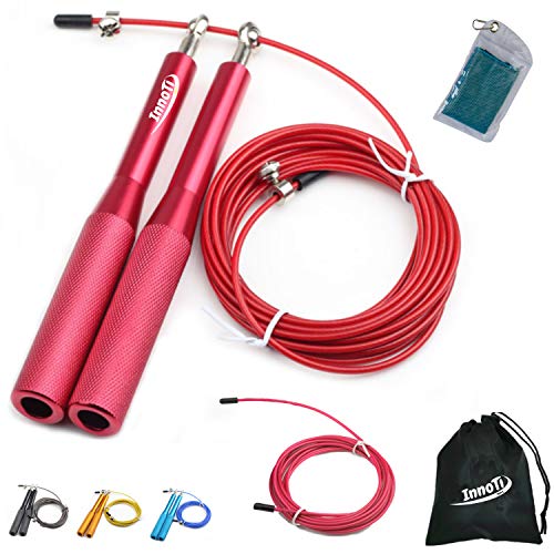 InnoTi Comba de Crossfit para Hombre y Mujer - Cuerda de Saltar de Alta Velocidad para Boxeo y Fitness - Comba de Alumino Ligera Saltos Dobles - Ajustable y con Cable Extra de Repuesto (Roja)