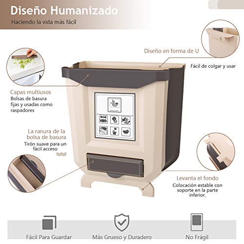 INPHER Cubos de Basura para la Cocina, Cubos Cocinas con Espacio para la Bolsa de Basura Plegable Colgando, Bote de Basura para Cocina Dormitorio Coche, Viene con un Rollo de Bolsa de Basura, Marrón