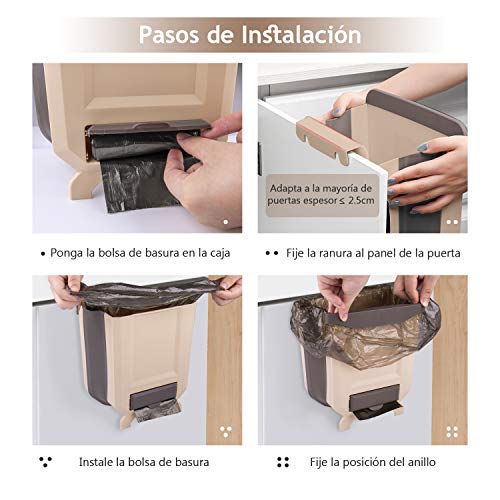 INPHER Cubos de Basura para la Cocina, Cubos Cocinas con Espacio para la Bolsa de Basura Plegable Colgando, Bote de Basura para Cocina Dormitorio Coche, Viene con un Rollo de Bolsa de Basura, Marrón