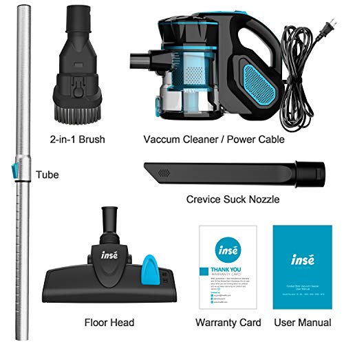 INSE Aspirador con Cable, 3 En 1 Vertical y de Mano, Hogar Escopa Aspiradora, Poderosa Succión 18Kpa, 600W, 1L, Hepa Filtro Lavable, 3 Cepillos Ajustable [Clase de Eficiencia Energética A+] (Azul)