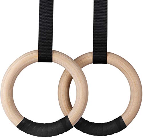 INTEY Anillas de Gimnasia, Anillos de Gimnasia de Madera con Ajustable Correas Hebillas de Largo para el Hogar de Gimnasio y Fitness Entrenamiento de Fuerza