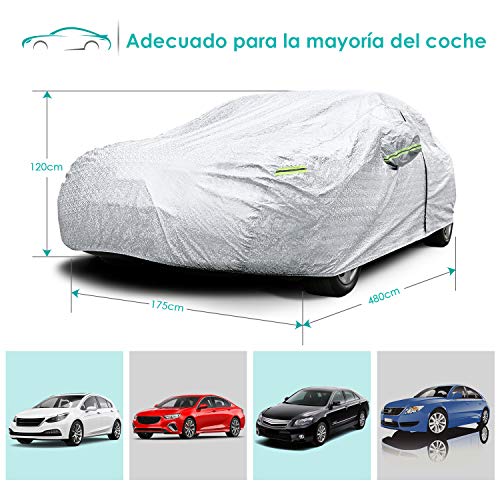 INTEY Funda para Coche, Funda Exterior del Coche, Anti-UV con Apertura Lateral, ebillas Cortavientos Ajustables, Resistente a excrementos de Paloma (4,8x1,75x1,2M)