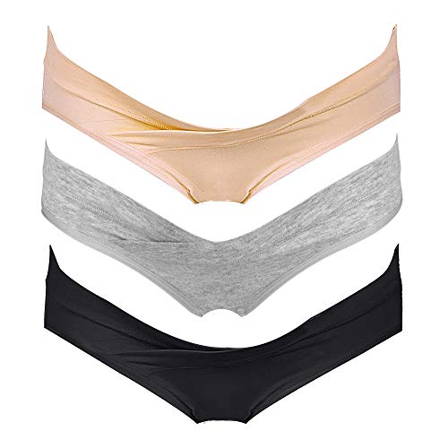 Intimate Portal Mujer Algodón Bajo el Vientre de Braguitas de Bikini Premamá Negro Gris Beige (PK de 3) L