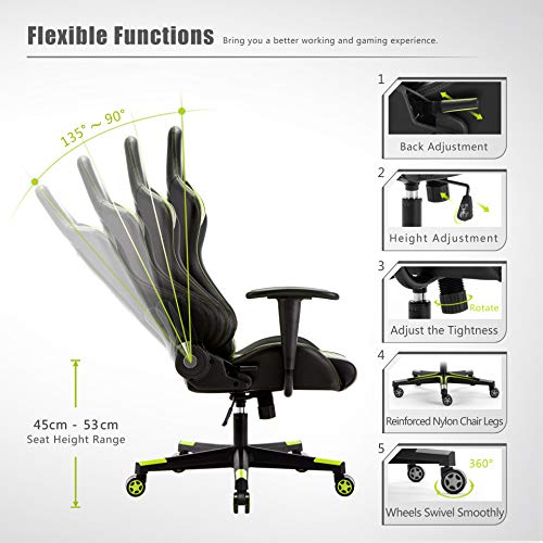 IntimaTe WM Heart Silla Gamer, Silla Gaming Silla Escritorio Giratoria, Altura Ajustable Respaldo Inclinable hasta 135 ° con Apoyabrazos Fijos (Verde)