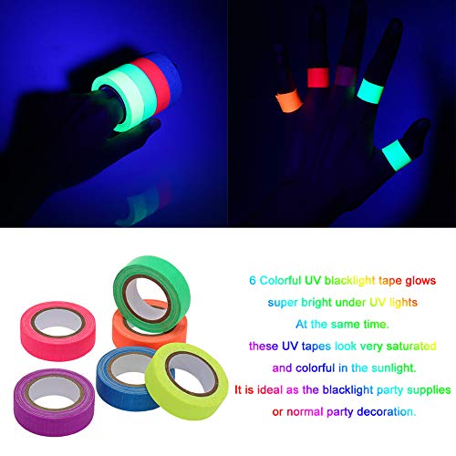 INTVN Cinta reactiva UV negra, cinta adhesiva fluorescente, cinta de gaffer de borrado en seco, cinta de neón que brilla en la oscuridad para suministros de fiesta(6 rollos)