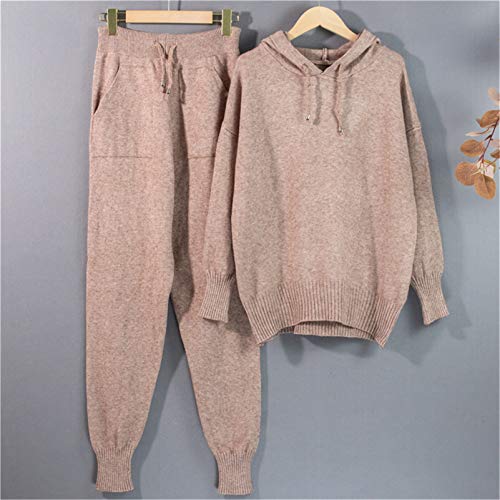 Invierno cálido Tejido suéter con Capucha viga pie Cintura Alta Pantalones Traje de Ocio Invierno cálido Tejido suéter con Capucha viga pie Cintura Alta Pantalones Traje de Ocio