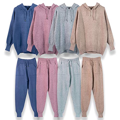 Invierno cálido Tejido suéter con Capucha viga pie Cintura Alta Pantalones Traje de Ocio Invierno cálido Tejido suéter con Capucha viga pie Cintura Alta Pantalones Traje de Ocio