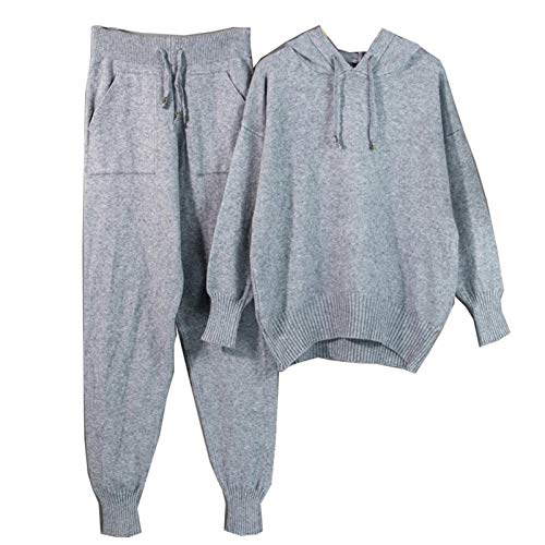 Invierno cálido Tejido suéter con Capucha viga pie Cintura Alta Pantalones Traje de Ocio Invierno cálido Tejido suéter con Capucha viga pie Cintura Alta Pantalones Traje de Ocio