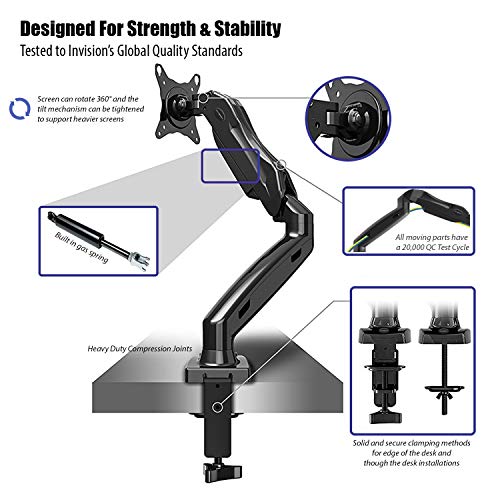 Invision Soporte Monitor de PC para Pantallas de 17-27" - Montaje Ergonómico de Escritorio de Brazo Ajustable en Altura con Giratorio y Inclinación - VESA 75mm y 100mm - Peso 2 kg a 6.5 kg (MX150)