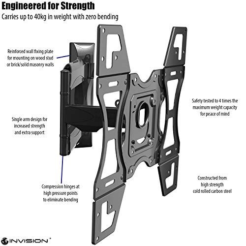 Invision Soporte TV de Pared para 26 a 60 Pulgadas Pantallas - Inclinación, Giratoria y Extensión - Brazo Único Ultra Fuerte - Máx. VESA 400x400mm - Capacidad de Carga Máxima 40kg (HDTV-L)